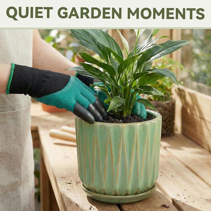7.5 Inch Ceramic Planter Pot with Saucer Drainage Leak-Proof Mesh,Flower Pots for Indoor Plants with Gardening Gloves,Ceramic Planter(Light Green)