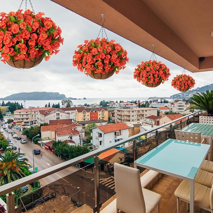 Ammyoo Artificial Hanging Flower Plants with Basket for Summer Fall Outdoor Decoration, Faux Petunias Flowers Fake Morning Glories in Basket for Outside Patio Garden Porch Balcony Yard Decor(Orange)