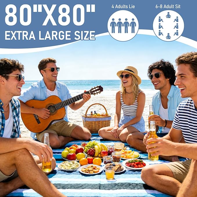 Beach Blanket Waterproof Sandproof, 80''x80''Extra Large Thick 5-Layer Big Outdoor Picnic Camping Blanket Easily Foldable Picnic Mat for Grass, Hiking, Travel, Concerts, Indoor