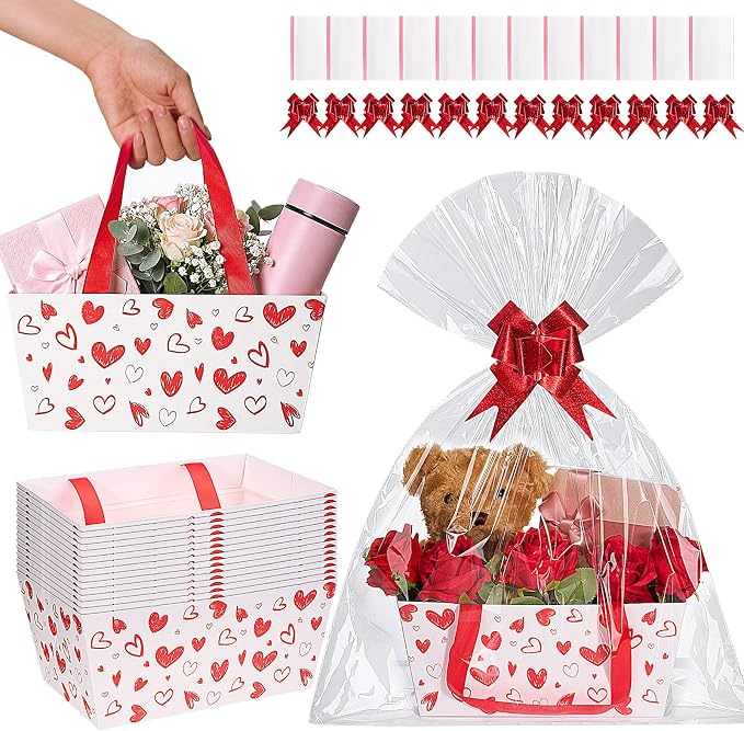 Qinyoung 12 Pack Red Heart Baskets for Gifts Empty Heart Gift Basket with Handles, Pull Bows, Cellophane Bags and Twist Ties for Valentine Mother's Day Wedding Bridal Party Favor Supplies, 9.8 x 6.5''