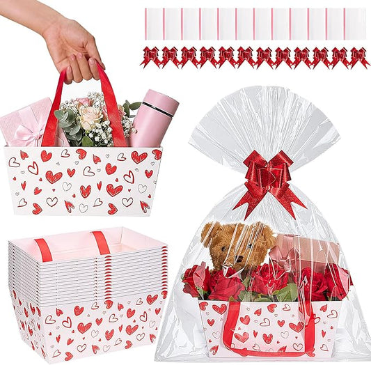 Qinyoung 12 Pack Red Heart Baskets for Gifts Empty Heart Gift Basket with Handles, Pull Bows, Cellophane Bags and Twist Ties for Valentine Mother's Day Wedding Bridal Party Favor Supplies, 9.8 x 6.5''