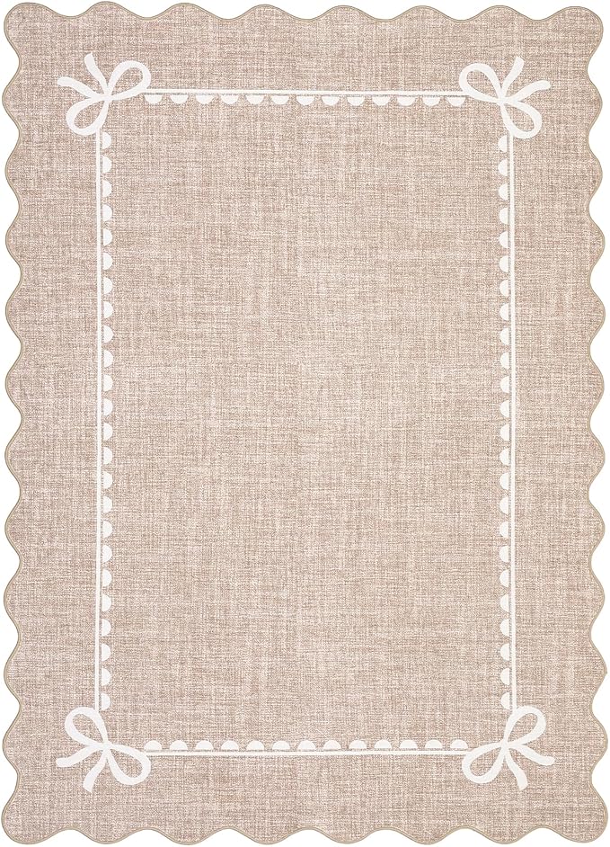 GarveeHome Scalloped Bow Rug 5x7 Washable Camel Rug for Bedroom Living Room | Non Slip Soft Low Pile Indoor Carpet for Nursery Girls Bedroom Decor Hallway Kids Room College Dorm Playroom