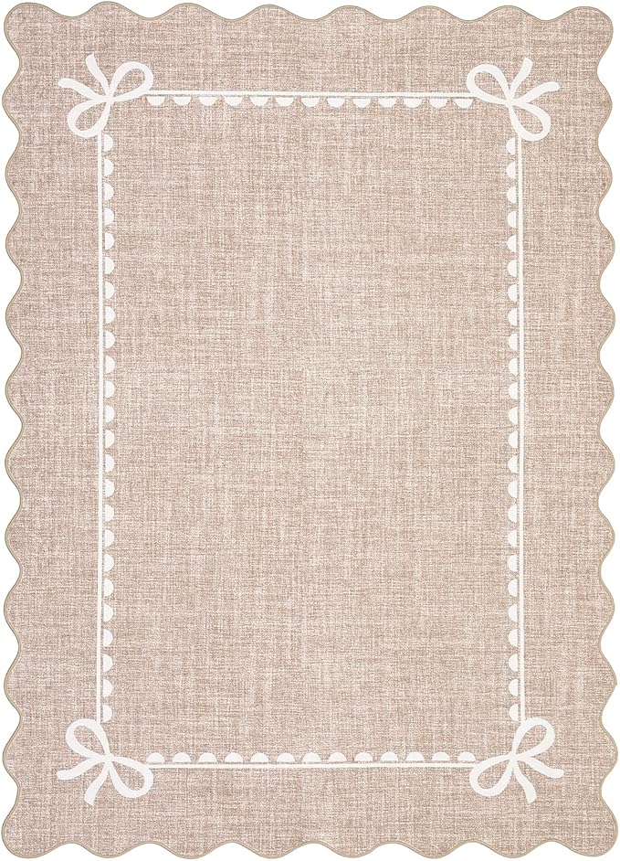 GarveeHome Scalloped Bow Rug 9x12 Washable Camel Rug for Living Room | Non Slip Soft Low Pile Large Indoor Carpet for Nursery Girls Bedroom Decor Hallway Kids Room College Dorm Playroom