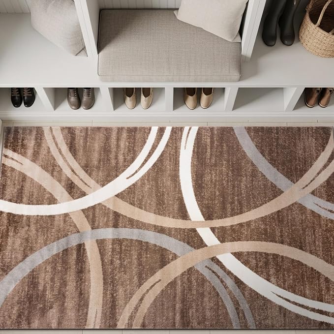 Rugshop Wavy Circles Modern Fade-Resistant Area Rug Brown 3'3" x 5' | Rectangular, Size 3'3" x 5', Living Room, Bedroom, Dining Room, Home Office, Kitchen, Entryway, Hallway, Nursery, Kids Room