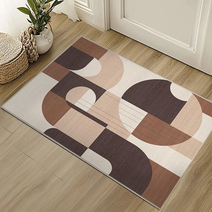 2x3 Brown Geometric Rug for Bathroom Entryway Modern Abstract Area Rug Machine Washable Mat Non-Slip Small Carpet for Bedroom Kitchen Indoor