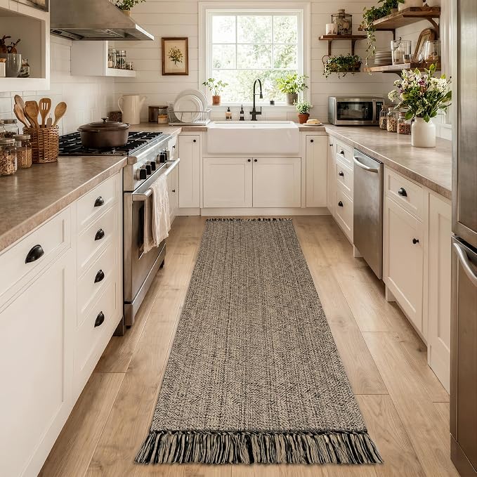 Rug Runners for Hallways, Boho Washable Kitchen Runner Rugs | 2.6' x 10' Farmhouse Indoor Entry Hall Carpet, Natural/Black Modern Hand Woven Bathroom Runner Rug for Entrance Porch Decor