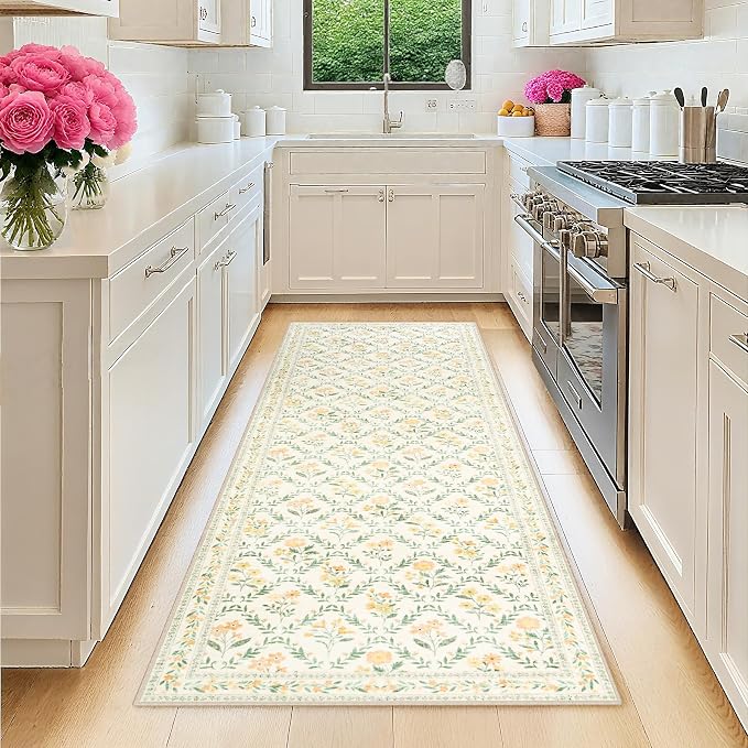 PLHXFR 2x6 Washable Runner Rug：Floral Indoor Kitchen Carpet Beige Multi | For Hallway Bedroom Kitchen Laundry Bathroom Dorm,Vintage Floral,Machine washable,Non Slip,Stain Resistant,Indoor Floor