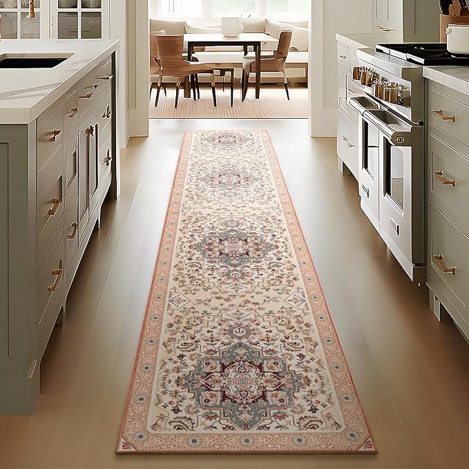 Phantoscope Washable Runner Rug 2'x10' Non-Slip, Vintage Boho Hallway Rugs for Entryway, Stair, Bedroom, Persian Floral Medallion Pattern, Low-Pile Foldable Floor Carpet, Ivory Rose/Fall Bloom
