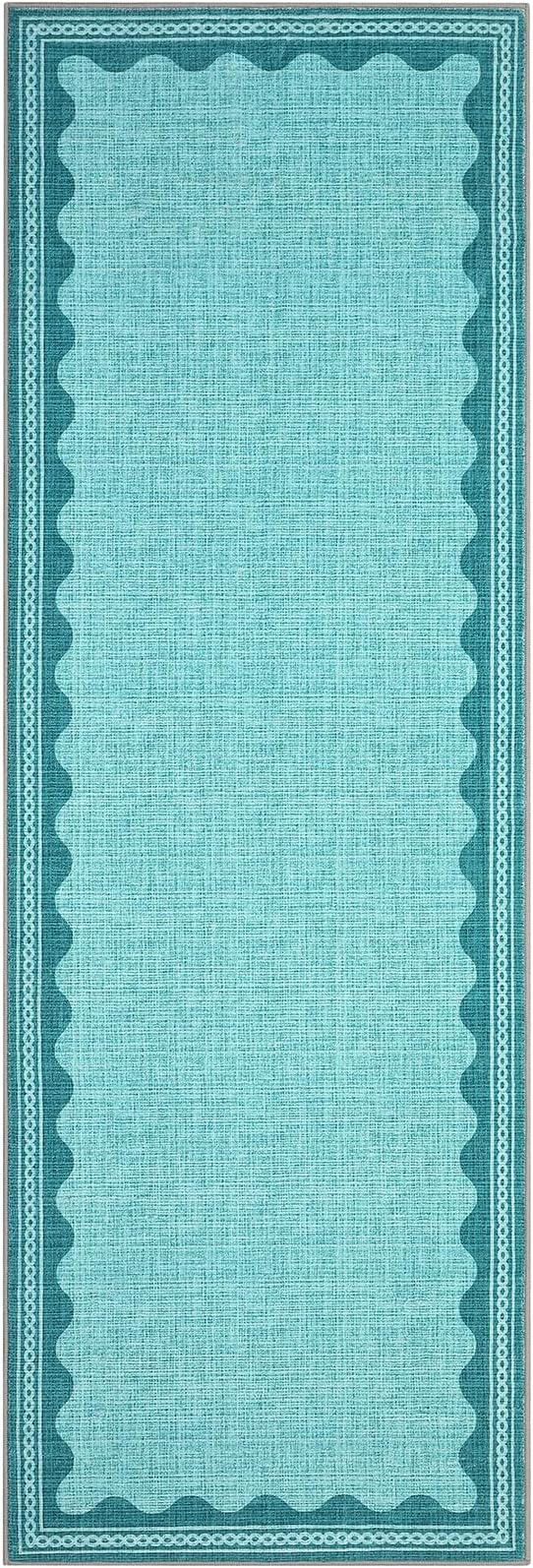GarveeHome Scalloped Teal 2.5x8 Runner Rug for Hallway Washable Kitchen Rugs Non Slip Solid Modern Soft Low-Pile Indoor Carpet for Entryway Laundry Room Floor Mats TPE Backing