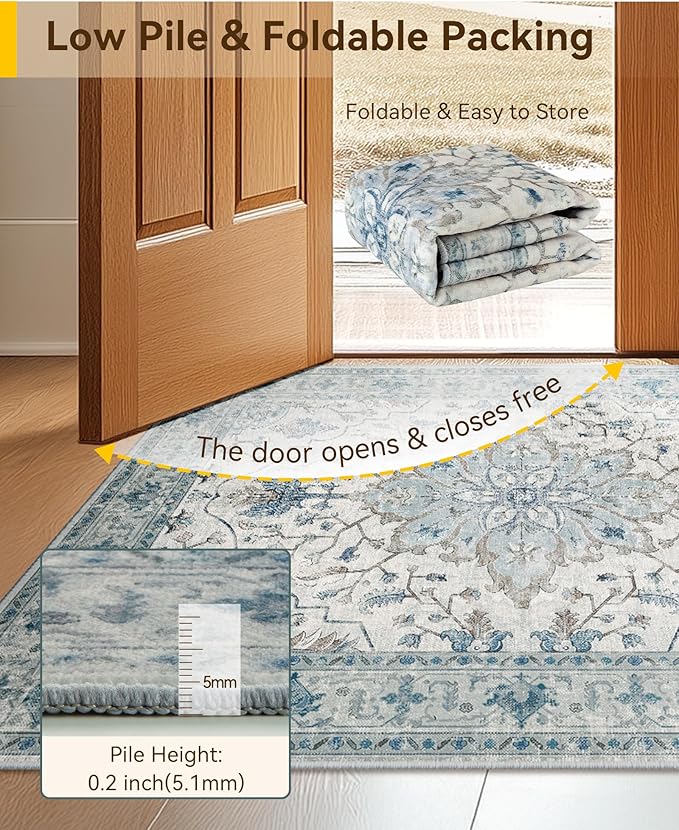 RELEANY Washable Area Rug, 7'x9', Blue/White/Gray | Non-Slip, Water Repellent, Pet Friendly, Easy to Clean, Vintage Floral Boho Decor for Living Room Bedroom Dining Room Office