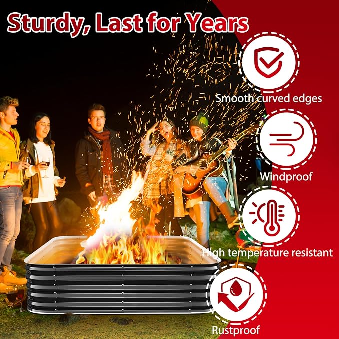 Height 16.5 Inch, Square Galvanized Steel Fire Pit for Outside, Heavy Duty Steel Fire Pit In-Ground for Backyard, Camping, Bonfire, Flower Raised Garden Bed for Garden (4x4x1.5ft)