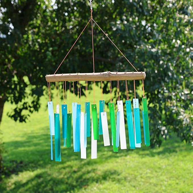 Blue Handworks Sea Glass and Driftwood Chime | Sandblasted Glass and Found Wood Hand Crafted Wind Chime