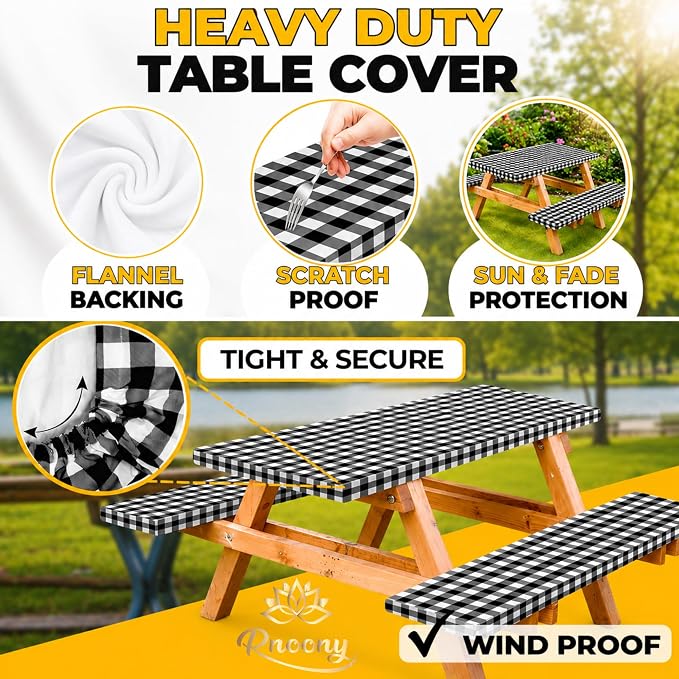 RNOONY Vinyl Fitted Picnic Table Cover with Bench Covers and Bag, 6ft Outdoor Waterproof Windproof Tablecloth with Elastic Edges. Camping RV Gear Campers Must Have 72x30 Inches 4 Pcs Set (Black)