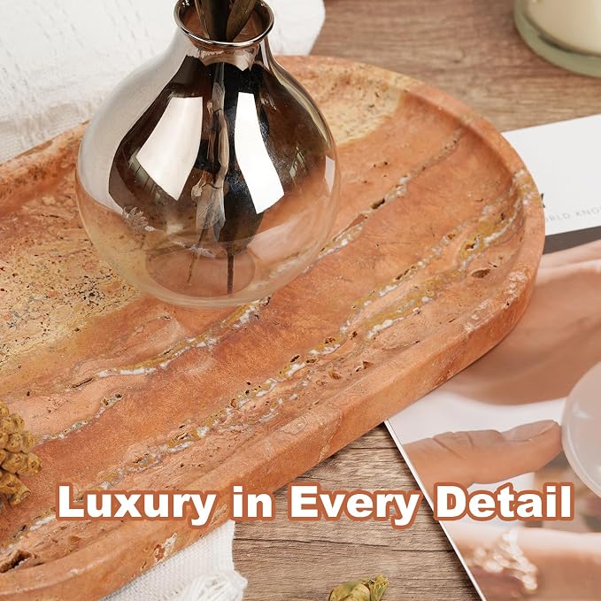 Koville Turkish Natural Travertine Tray, 12"x6" Vanity Decorative Marble Wabi Sabi Decor for Home, Countertop Organizer, Catchall for Perfume, Candles, Jewelry Dish