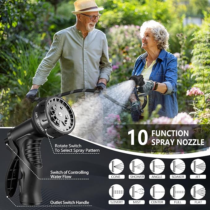 50 FT Non-Expandable Garden Hose, Lightweight Hose with 10 Function Spray Nozzle, Kink-Free Flexible Water Hose, Leak-Proof, 3/4'' Solid Connectors Garden Hose,Ultra Durable Garden Hoses