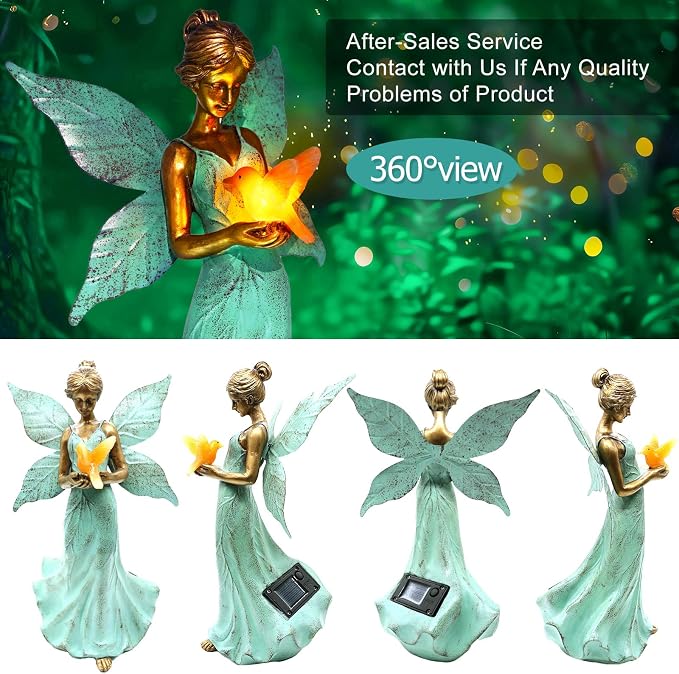 Solar Fairy Garden Statue Decor - 10 Inch Angel Girls Resin Figurine Waterproof Home Decoration with Hummingbird LED Lights for Bedroom Balcony Table Yard Patio, Gifts for Women Mom Birthday