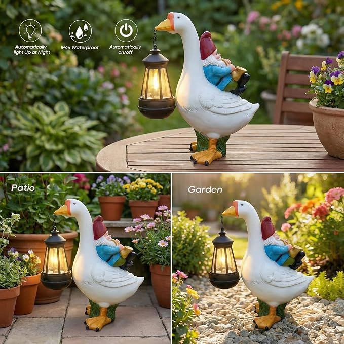 Goose Figurine with Solar Lantern Goose Lamp Decor Gnome Garden Statue Outside Outdoor Yard Housewarming Gifts for Mom Women Grandma