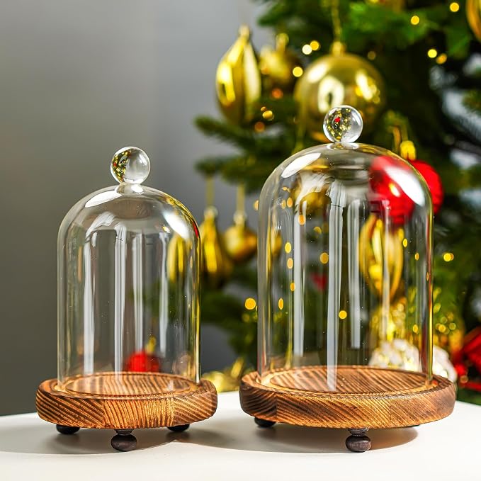 ZEERSHEE Cloche Glass Dome with Wooden Base, Set of 2 Display Bell Jars | Two Sizes Included, Clear Glass Display, Stable Wooden Base for Flowers, Figurines, Candles and Keepsakes