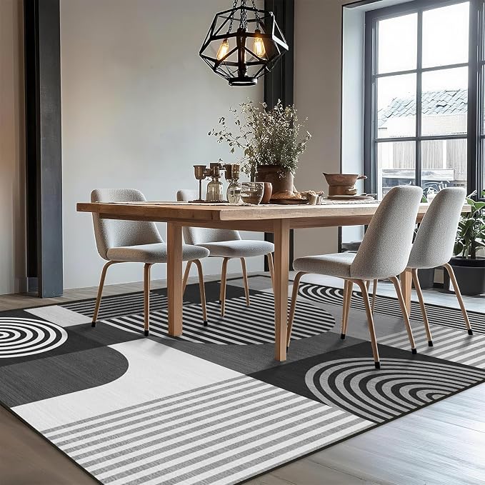 Area Rug 5x7 Grey Geometric Rug for Living Room Black White Machine Washable Gray Minimalist Mid Century Modern Rugs Non Slip Low Pile Large Dining Room Indoor Floor Carpet for Bedroom Office