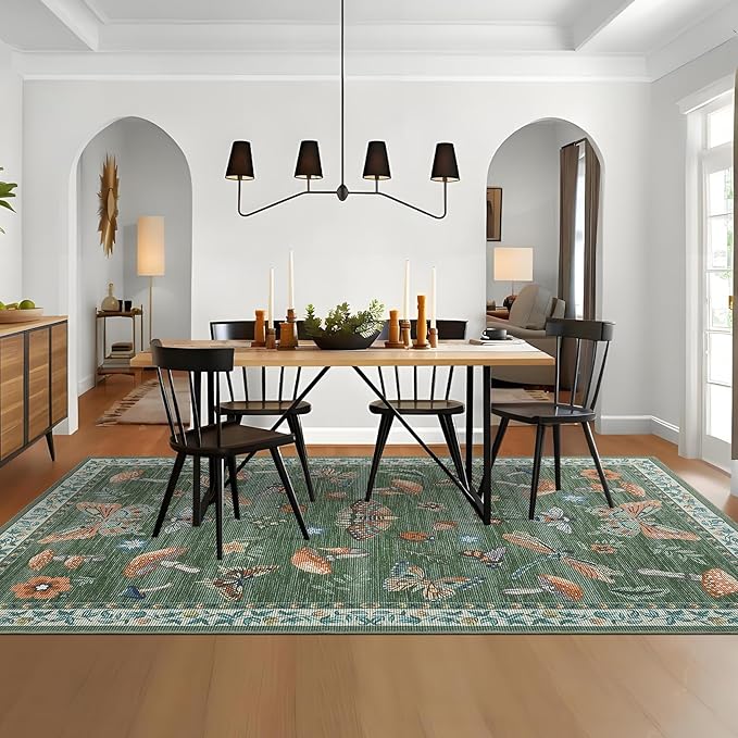ROYHOME Mushroom Washable Rug 5x7 Area Rugs for Living Room, Insect Print for Bedroom, Non Slip Throw Rugs with Rubber Back, Soft Low Pile Dining Room Carpet for Under Table, Green