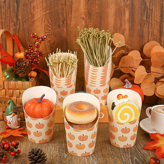 FYSUIMU 50Pcs Fall Thanksgiving Charcuterie Paper Cups with Sticks Bags Twist Ties 14oz Pumpkin Disposable Appetizer Cups French Fry Holder for Autumn Harvest Thanksgiving Party Supplies