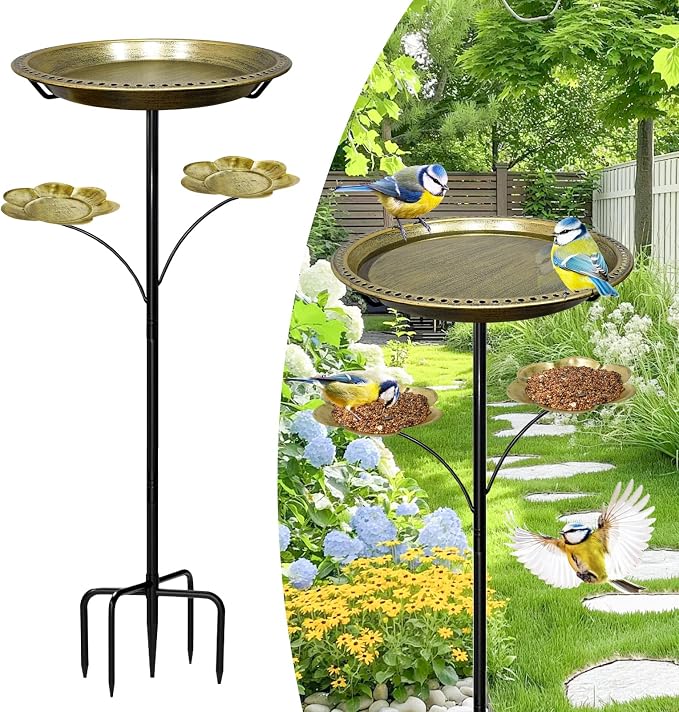 Bird Bath for Outside, Vintage Freestanding Birdbaths with 5-Pronged Base, Removable Bird Bath Bowl & Bird Feeder for Outdoors Garden Patio Yard Lawn Decor,Easy to Clean (Antique Gold)