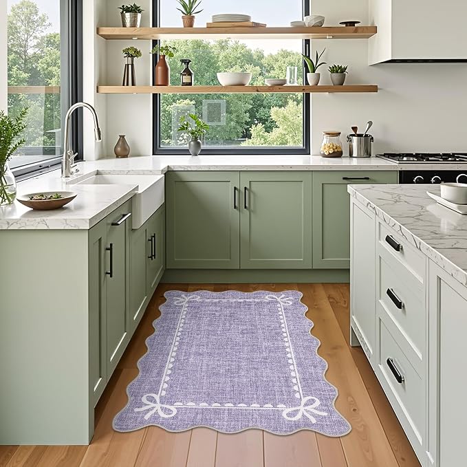 GarveeHome Scalloped Entryway Rug 2x3 Washable Front Door Bow Rug, Purple | Non Slip Soft Low Pile Ultra-Thin Stain Resistant Indoor Carpet for Girls Dorm Nursery Bedroom Decor Hallway Kitchen Floor