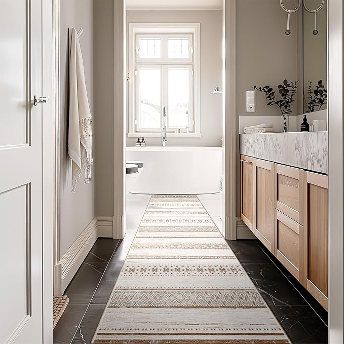 2x8 Washable Area Rugs for Living Room Boho Runner Rug Cream/Brown/Pink | Vacuum Friendly, Machine Washable, Non-Slip Rug, Stain Resistant, Moroccan Geometric, Low Pile Carpet, Hallway Kitchen