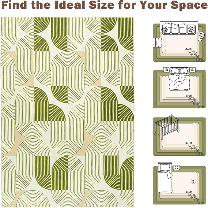 9'x12' Area Rug for Living Room, Washable Modern Abstract Soft Carpet | Low Pile, Indoor Floor Non Slip Stain Resistant Large Carpet for Bedroom Dining Room Farmhouse Nursery Home Office, Green