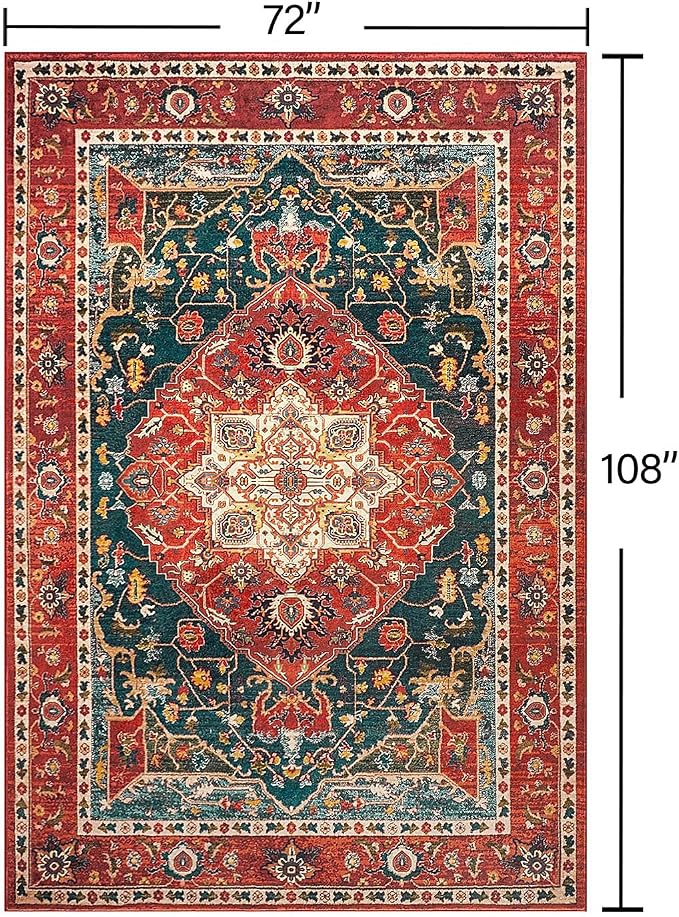 YJ.GWL Area Rugs for Living Room 6x9 Machine Washable Rugs, Non Slip Floral Vintage Rug Indoor Carpet, Stain Resistant Large Rug for Bedroom Dining Room, Orange-Red