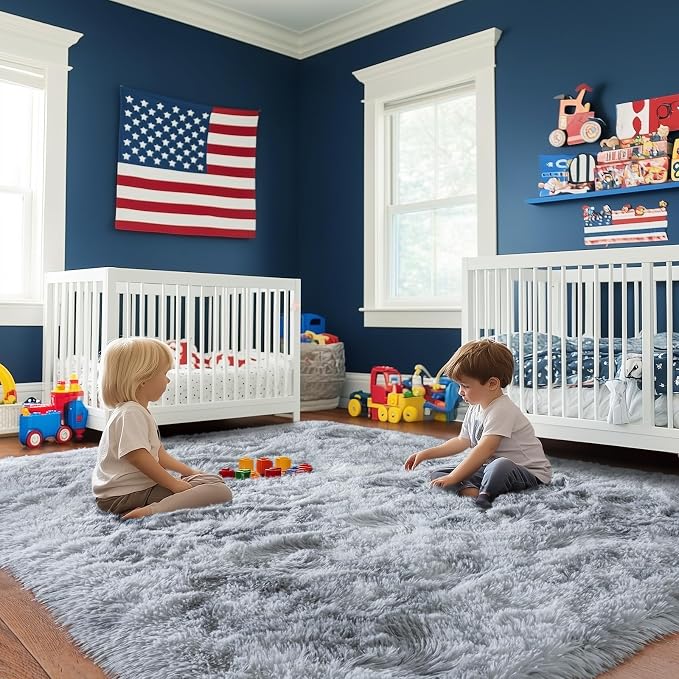 Large Area Rugs 9x12 Living Room, Ultra Fluffy Fuzzy Shag Rug for Bedroom, Modern Plush Soft High Pile Upgrade Non-Slip Carpet for Kids Girls and Boys Room Decor, Tie-Dyed White Grey
