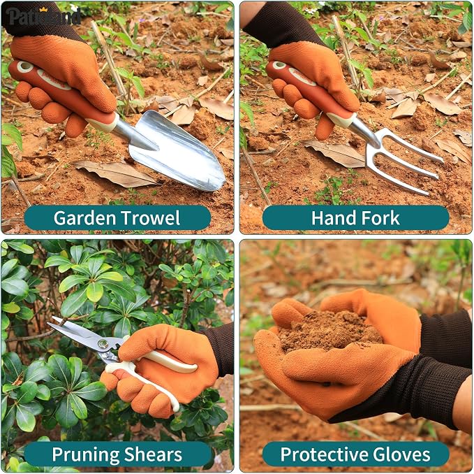 4-Piece Brown Garden Tools Set, Patioland Ergonomic Gardening Hand Tools w/Trowel,Cultivator Rake,Pruning Shear & Gloves for Digging Weeding,Yard Tool Gift for Women Men Grandma Gardener Plant Lovers
