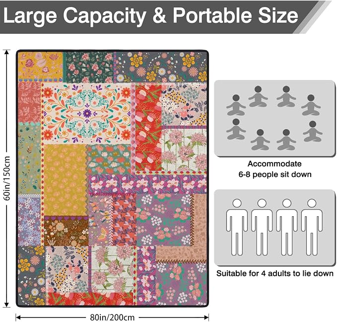 Boho Flower Picnic Blankets Waterproof Foldable, 60’‘x80'' Portable Outdoor Picnic Mat Water Resistant for Grass, Padded Lawn & Park Blanket for Camping, Hiking