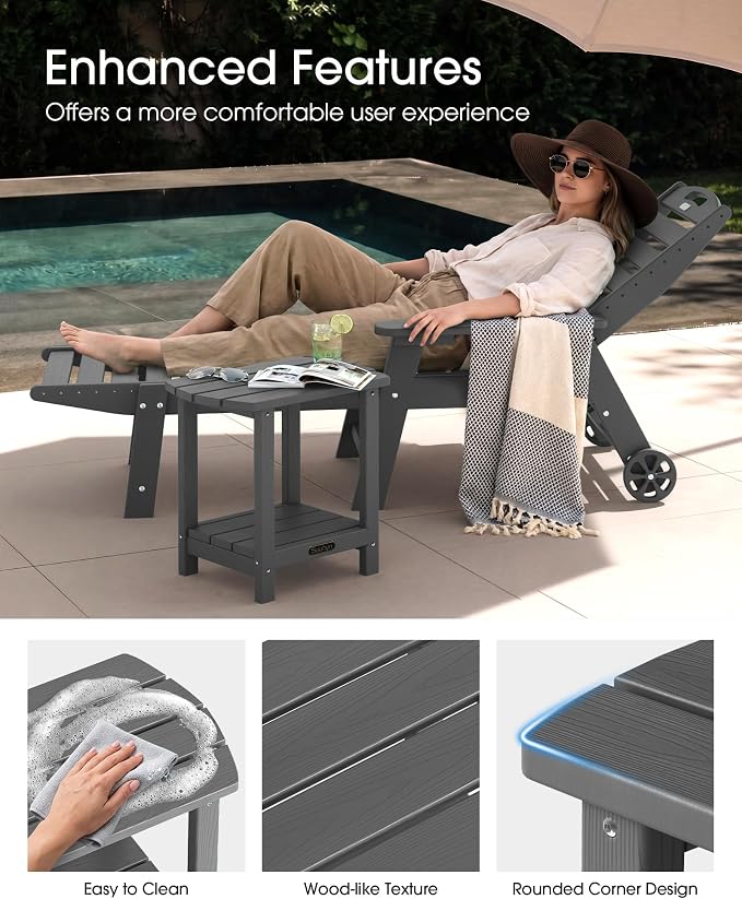 Outdoor Side Table – 2-Tier HDPE Adirondack Side Table, Sturdy Small Outdoor Tables, Weather-Resistant & Easy Assembly Patio End Tables for Garden, Balcony, Porch & Poolside (Grey)