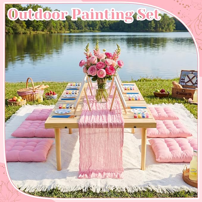 14 Pcs Picnic Paint Party Kit 91'' x 71'' Extra Large Outdoor Boho Blanket with Painting Kit Pink Floor Pillow Cushions and Cheesecloth Table Runner for Painting Party