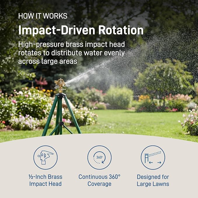 Orbit 1/2 Inch Brass Impact Sprinkler - Adjustable Metal Tripod - Long Range Lawn Watering System - 360 Degree Rotating Sprinkler - Heavy Duty Irrigation System - Adjustable 22-48 Inch Height - 58308