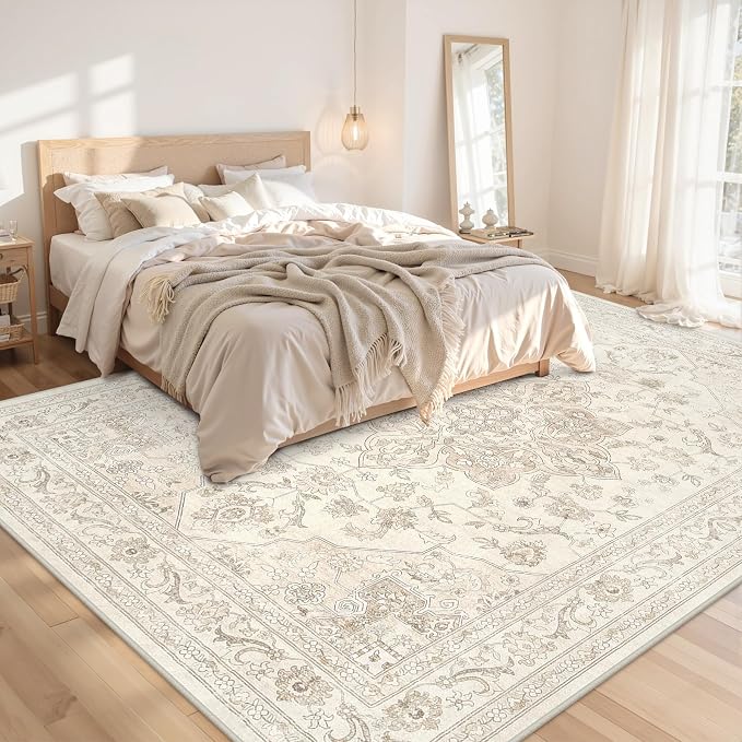 8x10 Area Rugs Living Room: Bedroom Washable Carpet Beige White | Vintage Boho Soft Small Indoor Decor Floor Non-Slip Low Pile Neutral Farmhouse Entryway Laundry Bathroom Bedroom Beside Rugs