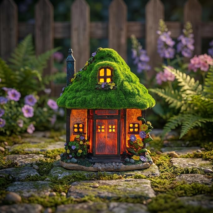 COWOS Solar Powered Fairy Tree House Sculpture with Flocked Roof & Chimney - Whimsical Outdoor Garden Decor with LED Lights