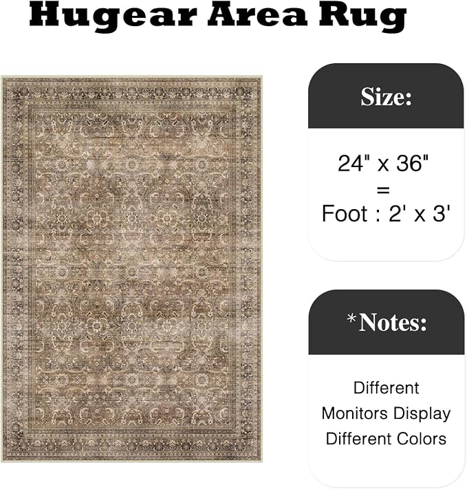 2x3 Brown Vintage Distressed Washable Area Rug for Entryway | Low Pile, Non Slip, Retro Style, Soft Distressed Indoor Rug for Entryway, Kitchen, Bathroom, Door Mat, Home Decor