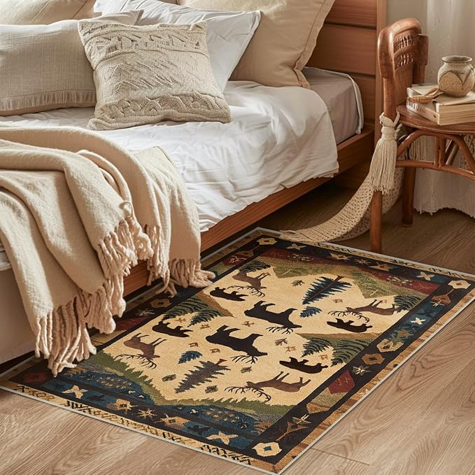 Farmhouse Cabin Area Rug Rustic Deer Bear Washable 2x3 Rugs for Living Room Bedroom Western Country Non-Slip Soft Floor Large Carpet for Office Entryway Bathroom
