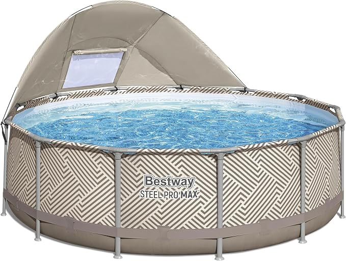 Bestway Steel Pro MAX 13' x 42" Above Ground Swimming Pool Set with Pump | Durable Round Metal Frame Outdoor Backyard Pool, Puncture-Resistant Liner - Canopy, Ladder, and Cover Included, Taupe