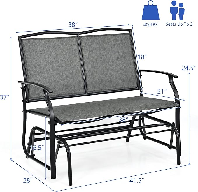 Giantex Patio Glider Benches for Outside, Swing Glider Chair with Steel Frame, 400 LBS Capacity, Patio Swing Rocker, 2-Person Loveseat for Backyard, Poolside, Lawn, Balcony, Porch Glider Bench(Gray)