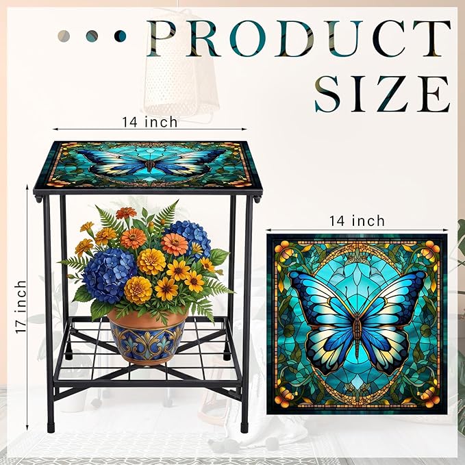 Cinnvoice Outdoor Side Table 2-Tier Storage Square Small Mosaic Patio Accent Indoor End Plant Coffee Tea Table for Yard Patio Porch Garden Living Room, Bedroom(Butterfly Style)