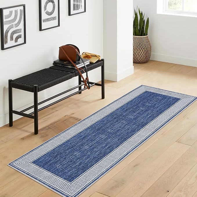 GarveeHome Hallway Runner Rug 2x6 Washable Kitchen Runner Carpet | with Rubber Backing Stain Resistant Striped Border Entry Rug Geometric Area Rug for Living Room Bedroom Dining Room, Blue
