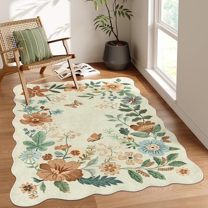 Lahome Floral Bedroom Rug, 4x6 Washable Rugs for Living Room Dining Room | Non Slip Ultra-Thin Stain Resistant Boho Throw Carpet for Office Flore (4x6ft, Beige)