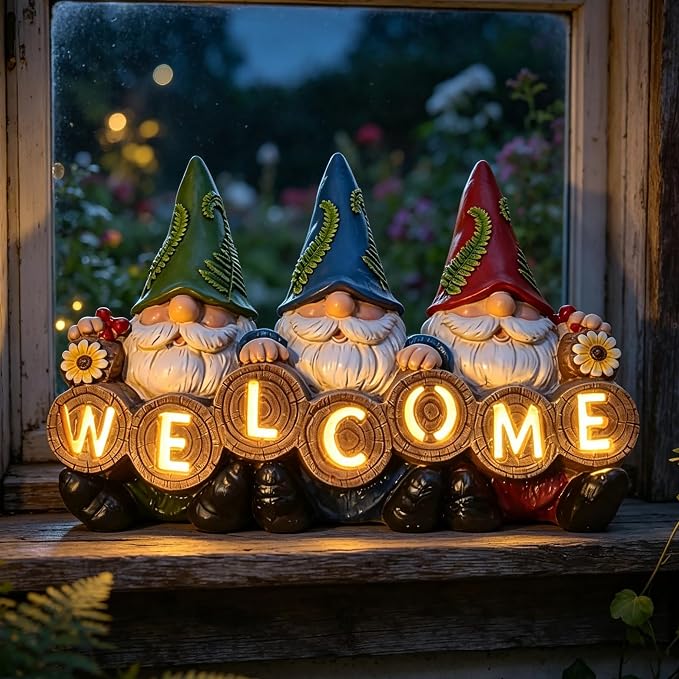 Garden Gnomes Solar Powered Welcome Statue, Outdoor Patio Yard Decor, Waterproof Resin Garden Figurines, Gift for Mother's Day for Mom Grandma, Spring Gardening Gift for Women Grandkids