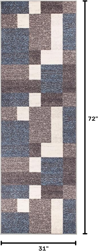 Rugshop Modern Boxes Non-Slip Geometric Runner Rug Blue 2'7" x 6' | Rectangular, Size 2'7" x 6', Living Room, Bedroom, Dining Room, Home Office, Kitchen, Entryway, Hallway, Nursery, Kids Room