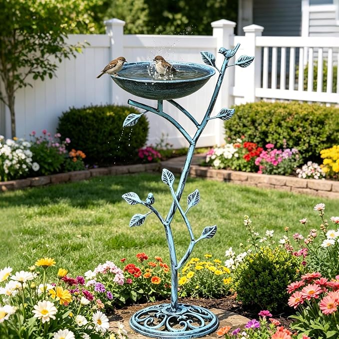 HOUYANG 11.4" W x 31" H Cast Iron Pedestal Bird Bath, Birdbaths for Outdoors,Bird Bath for Outside,Vintage Metal Bird Bath Garden Yard Decor