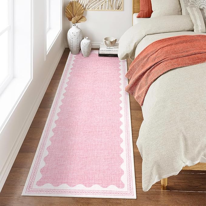 2.5x8 Scalloped Runners Pink Washable Hallways Bedroom Rug | Solid Non Slip Scalloped Bath Runner, Rugs for Bedroom Girls, Rugs for Kitchen Floor Soft Dorm Nursery Carpet for Bedside