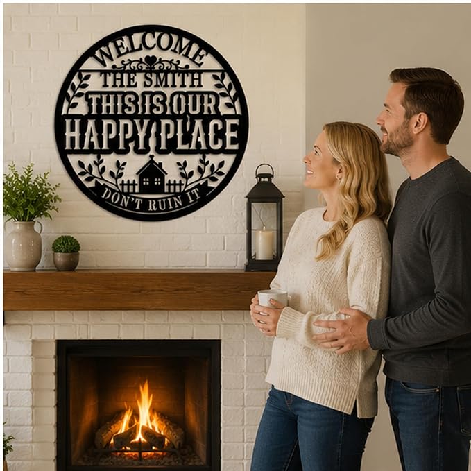 Personalized This Is My Happy Place Metal Sign Custom Family Name Sign Farmhouse Wall Decor Welcome Sign for Front Porch Living Room Backyard Housewarming Gift